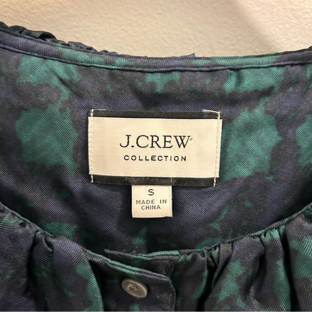 J. Crew Collection Silk Twill Ruffle Collar Shirt small plaid blue green - Picture 7 of 11